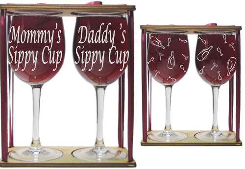 Mommy's and Daddy's Sippy Cups Stemmed Wine Glasses with Charms and Presentation Packaging
