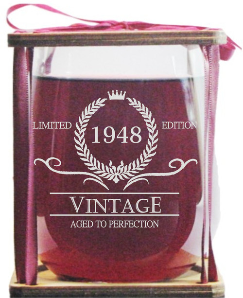 Vintage 1948 Limited Edition - Aged To Perfection Stemless Wine Glass and Presentation Packaging