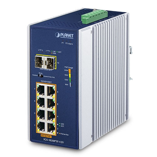 8 x 1G PoE 802.3at 12V Booster + 2 x 100/1000X SFP Industrial PoE Switch