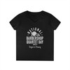 Women's V-Neck National Barbershop Quartet Day T-Shirt - Barberpole, pitch pipe, and boater hat icons - Available in Multiple Colors