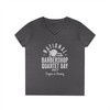 Women's V-Neck National Barbershop Quartet Day T-Shirt - Barberpole, pitch pipe, and boater hat icons - Available in Multiple Colors