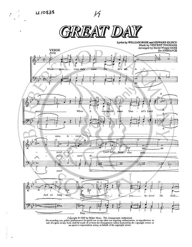 Great Day (SSAA) (arr. David Wright)-UNPUB