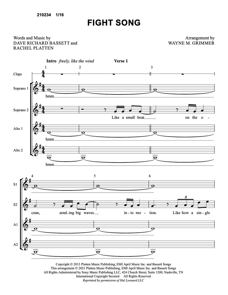 Fight Song (SSAA) (arr. Grimmer) Harmony Society