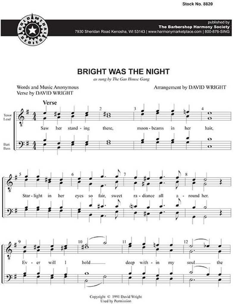 Bright Was The Night (TTBB) (arr. Wright) - Download