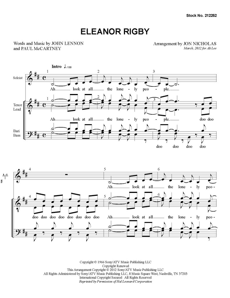 Eleanor Rigby (TTBB) (arr. Nicholas)