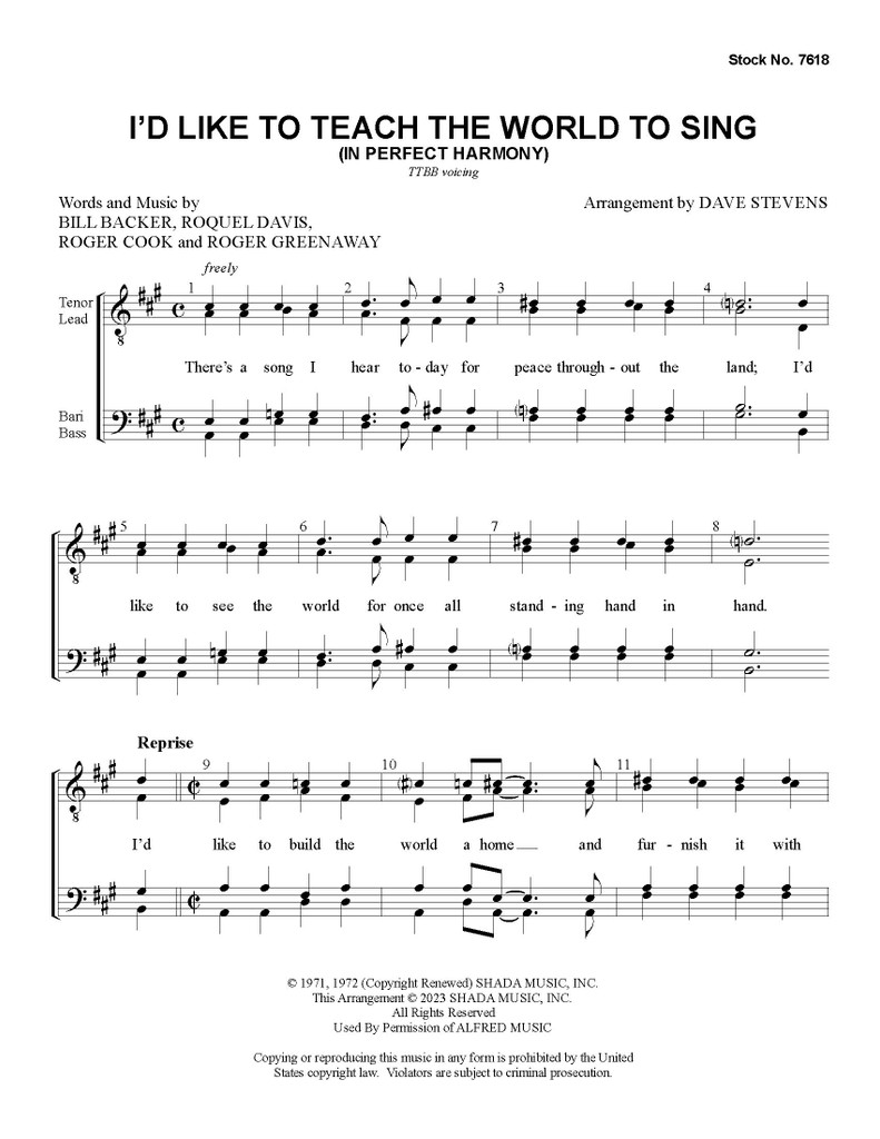 I'd Like To Teach The World To Sing (TTBB) (arr. Stevens)  - Download