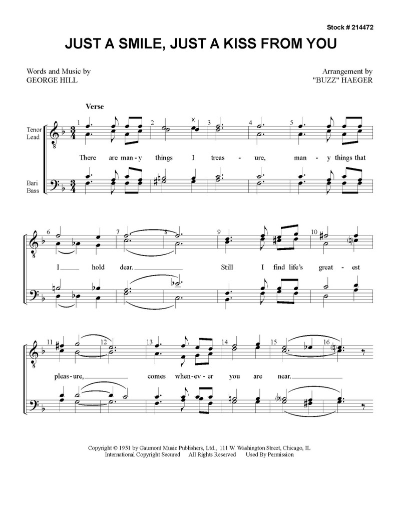 Just a Smile, Just a Kiss From You (TTBB)(arr. Haeger) Special Order Harmony Society