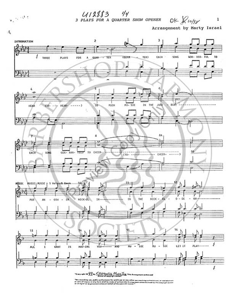 Three Plays For A Quarter Medley (TTBB) (arr. Marty Israel) - Special Order