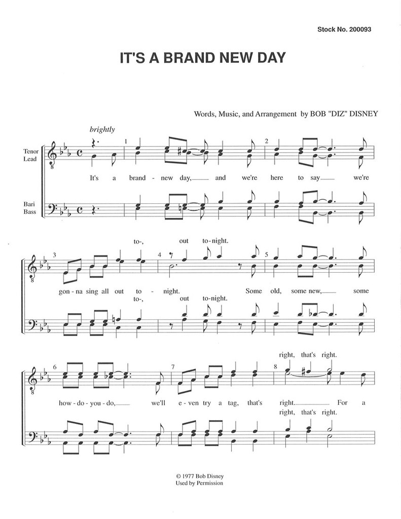 It S A Brand New Day Ttbb Arr Disney Barbershop Harmony Society