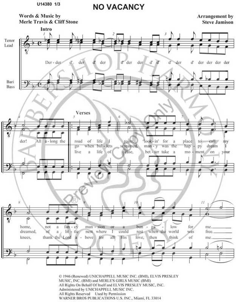 No Vacancy (TTBB) (arr. Stephen Jamison)-UNPUB