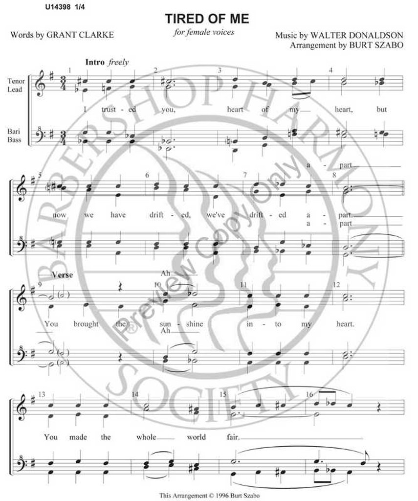 Tired of Me (SSAA) (arr. Burt Szabo)-Download-UNPUB