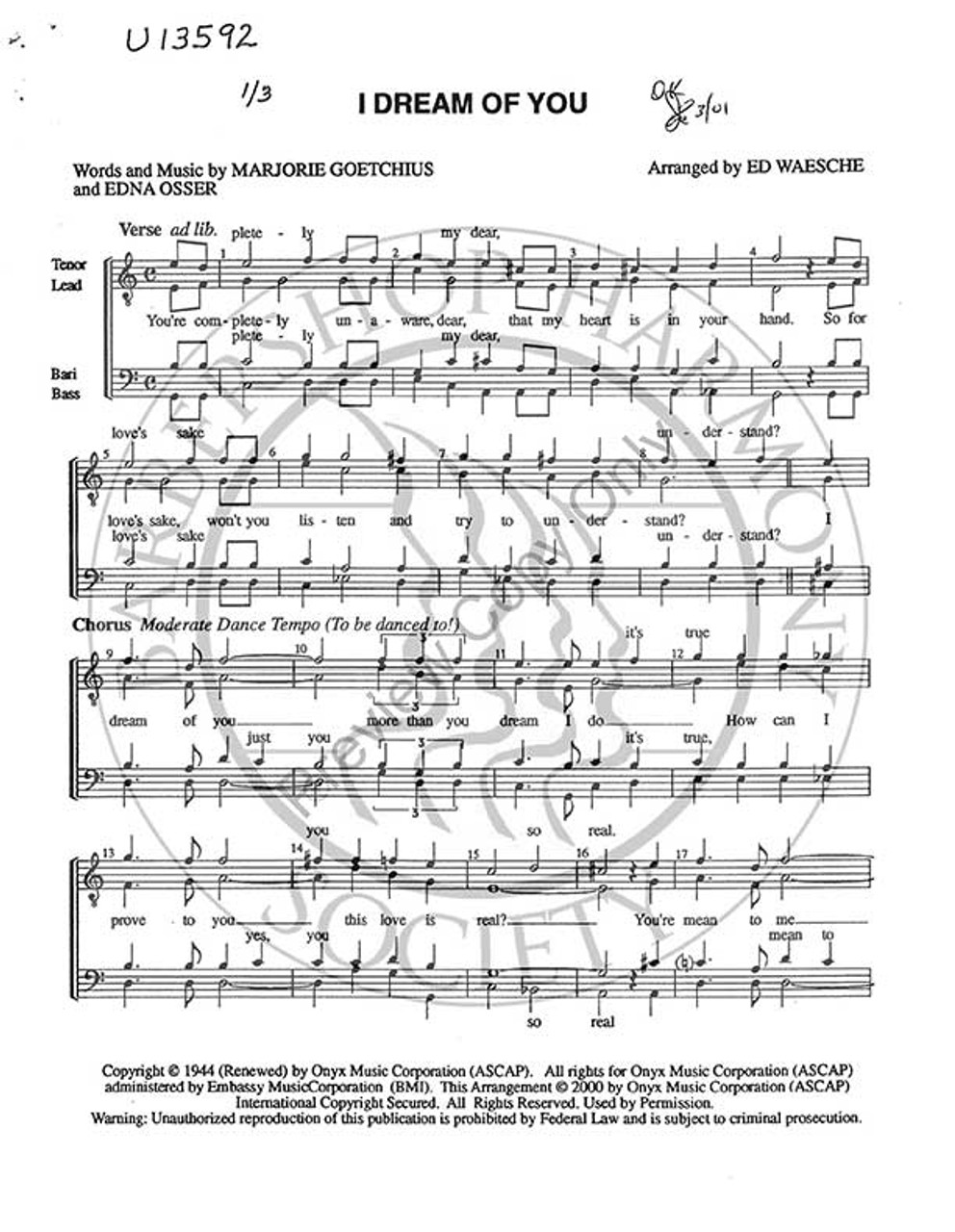 I Dream Of You (TTBB) (arr. Ed Waesche)-Download-UNPUB