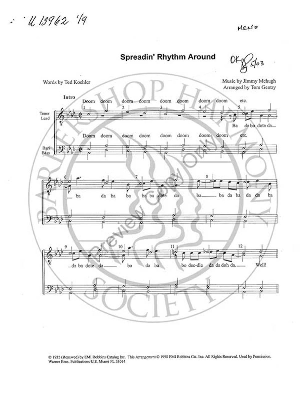 Spreadin' Rhythm Around (TTBB) (arr. Tom Gentry)-Download-UNPUB