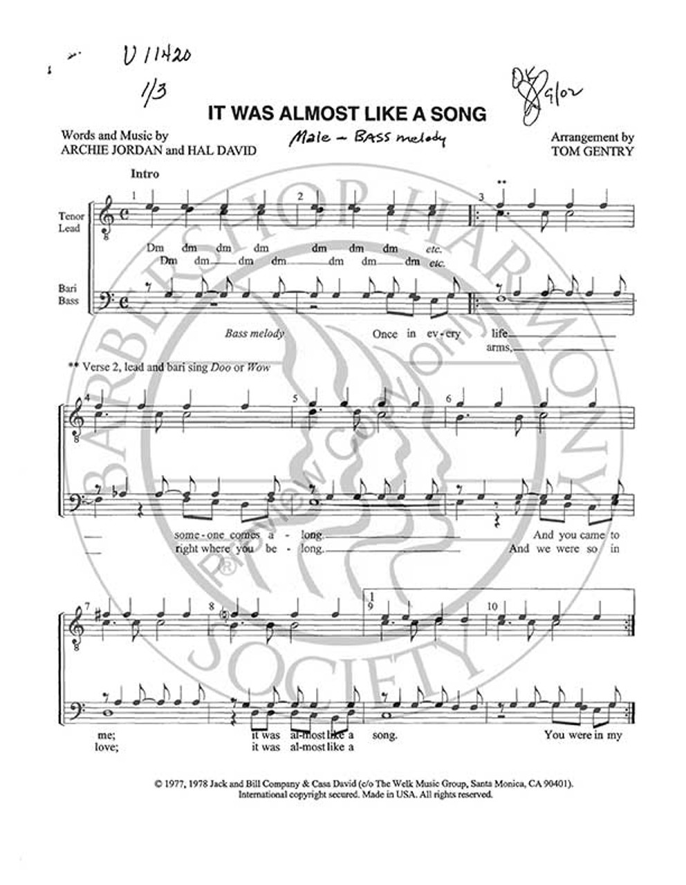 It Was Almost Like A Song (TTBB) (arr. Tom Gentry)-UNPUB