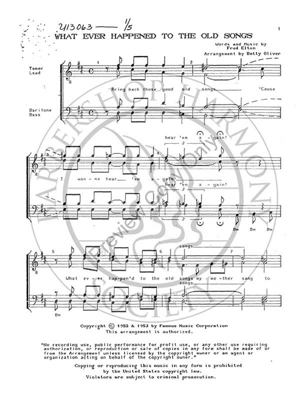 What Ever Happened To The Old Songs (TTBB) (arr. Betty Oliver)-Download-UNPUB