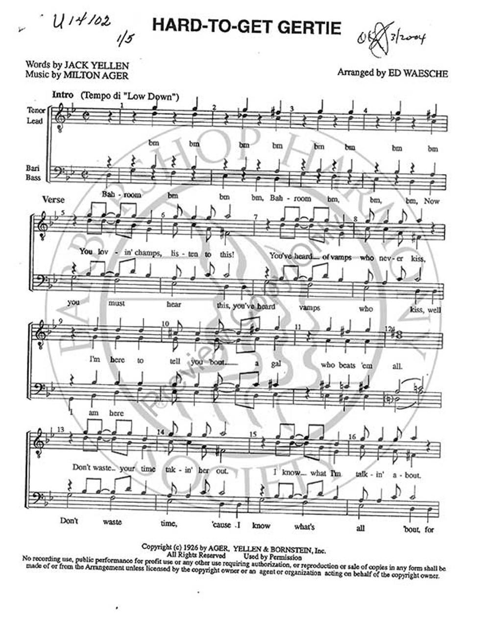 Hard To Get Gertie (TTBB) (arr. Ed Waesche)-Download-UNPUB