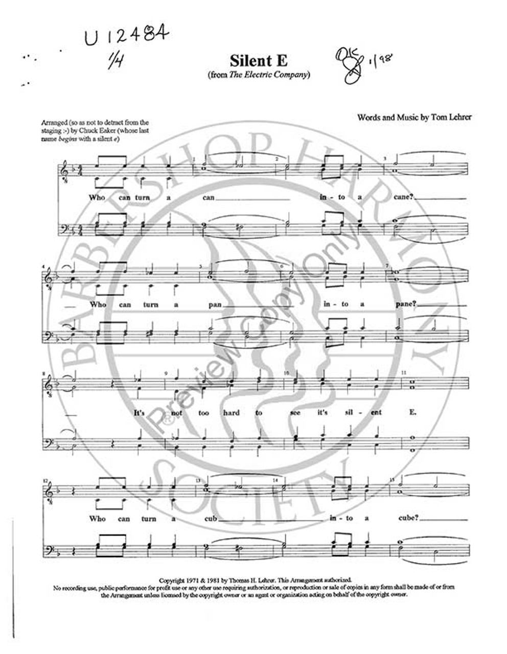 Silent E (TTBB) (arr. Chuck Eaker)-Download-UNPUB