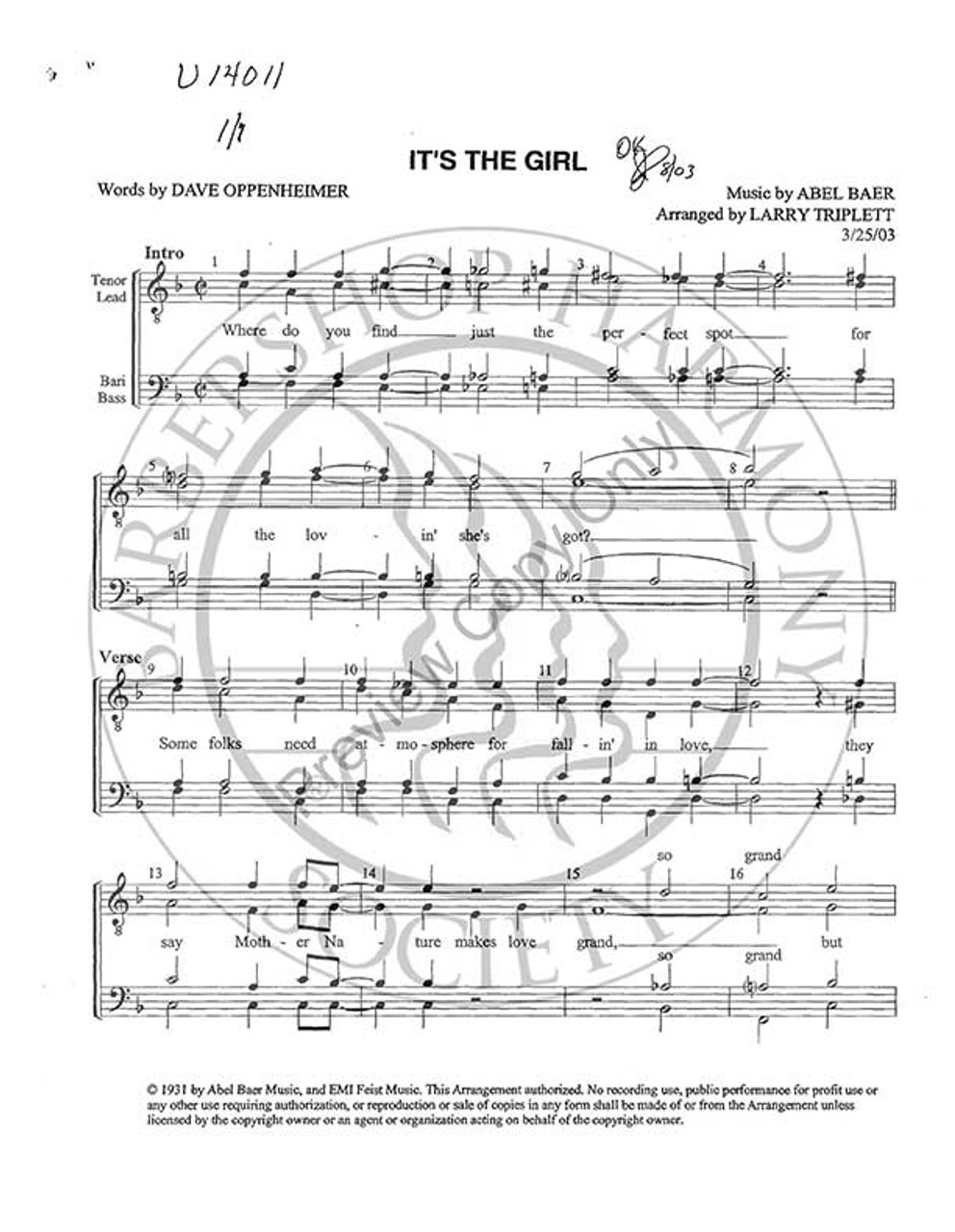 It's The Girl (TTBB) (arr. Larry Triplett)-Download-UNPUB