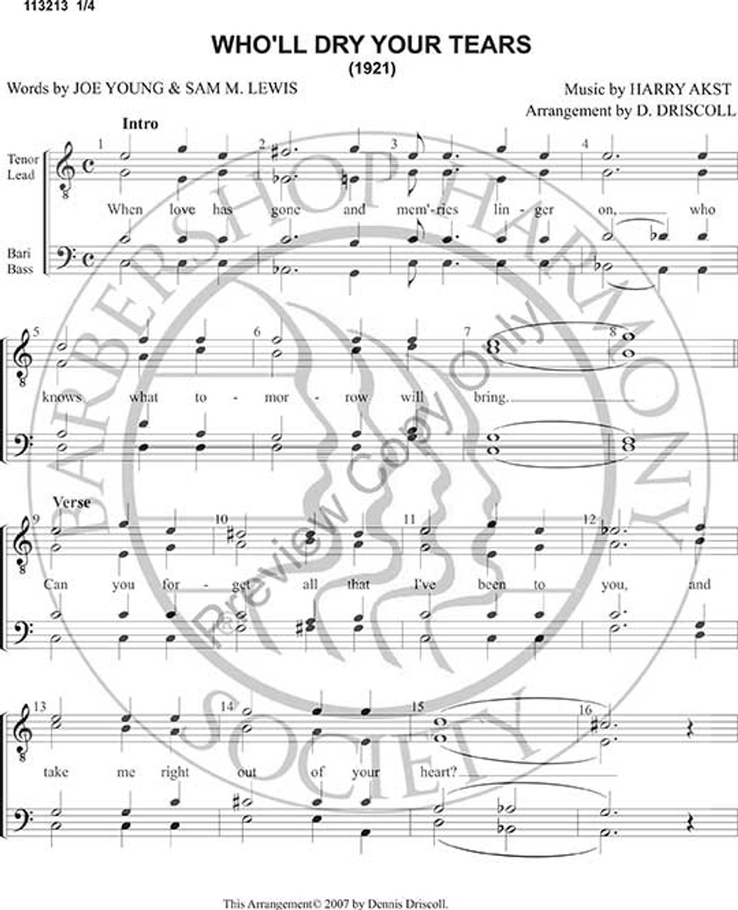 Who'll Dry Your Tears (TTBB) (arr. Dennis Driscoll)-Download-UNPUB