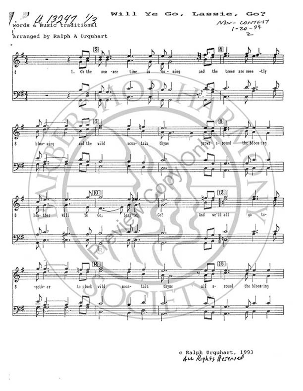 Will Ye Go Lassie Go (TTBB) (arr. Ralph Urquhart)-Download-UNPUB