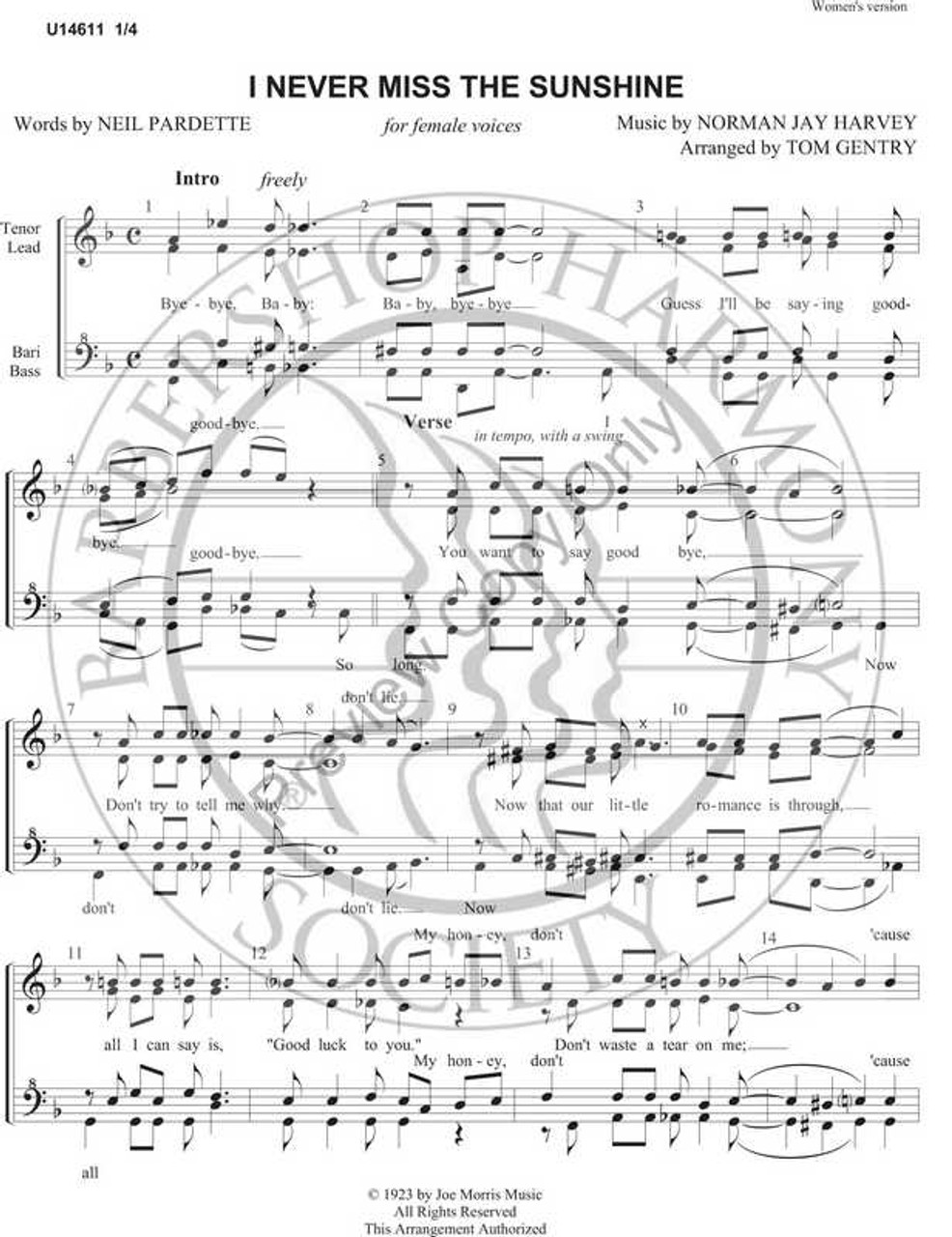 I Never Miss The Sunshine (SSAA) (arr. Tom Gentry)-Download-UNPUB