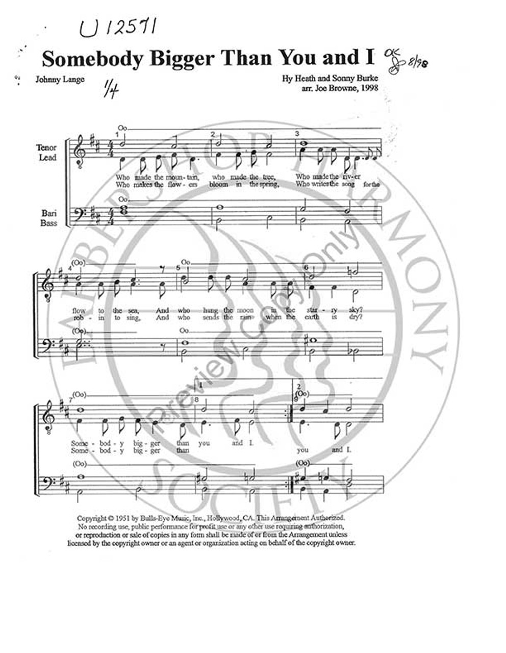 Somebody Bigger Than You & I 1 (TTBB) (arr. Joe Browne)-Download-UNPUB