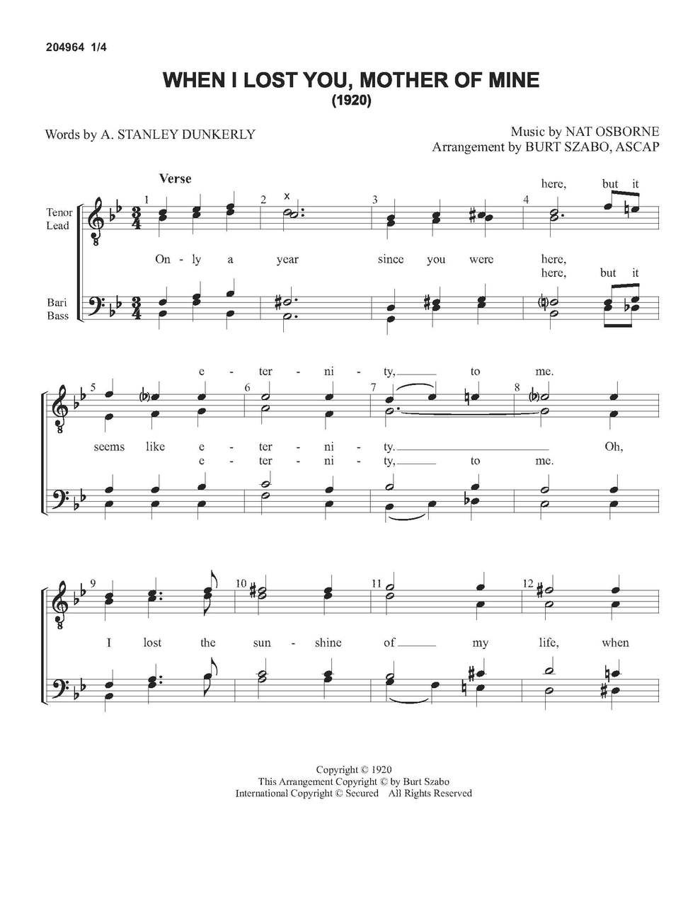 When I Lost You, Mother Of Mine (TTBB) (arr. Burt Szabo)-Download-UNPUB