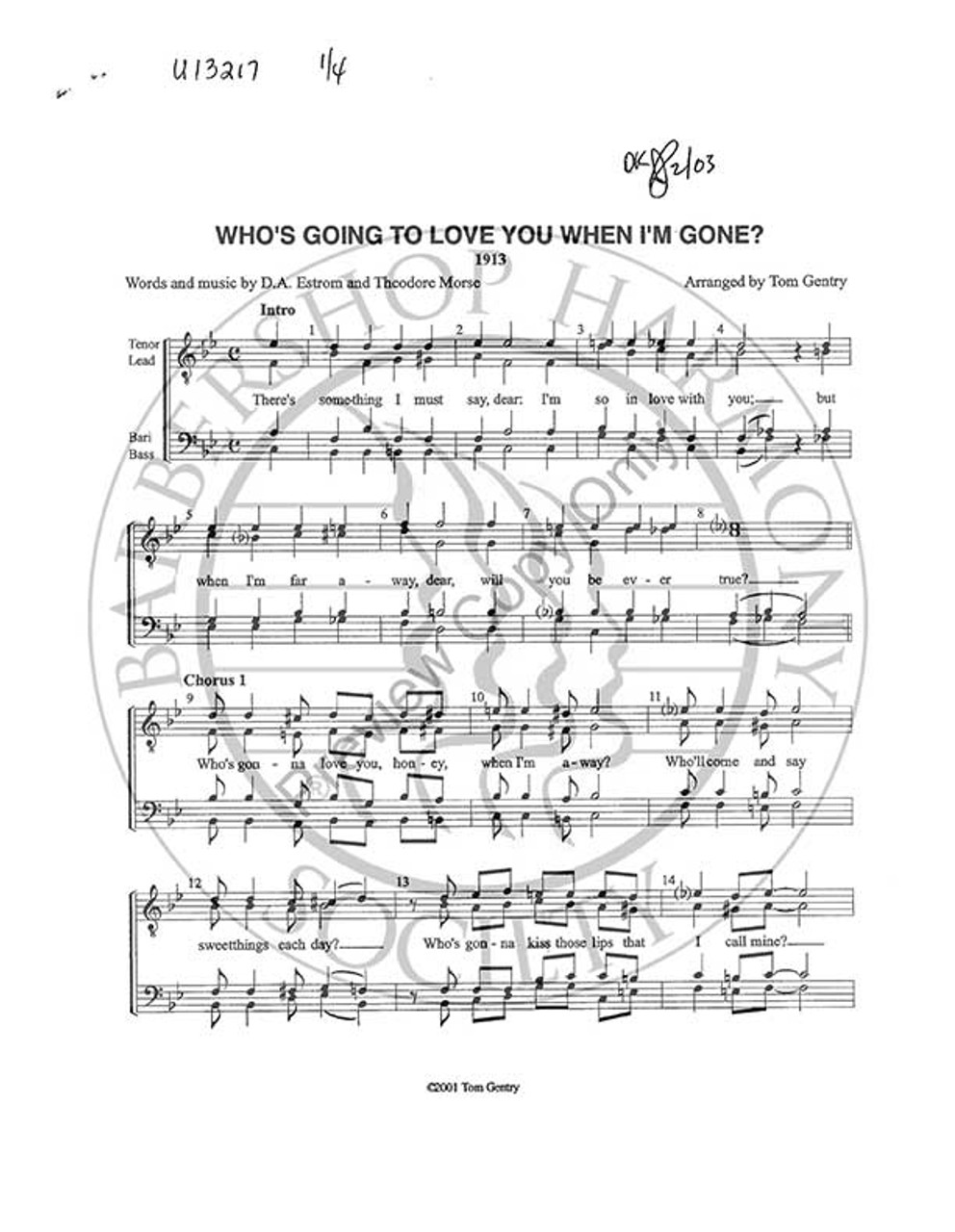 Who's Going To Love You When I'm Gone 1 (TTBB) (arr. Tom Gentry)-Download-UNPUB