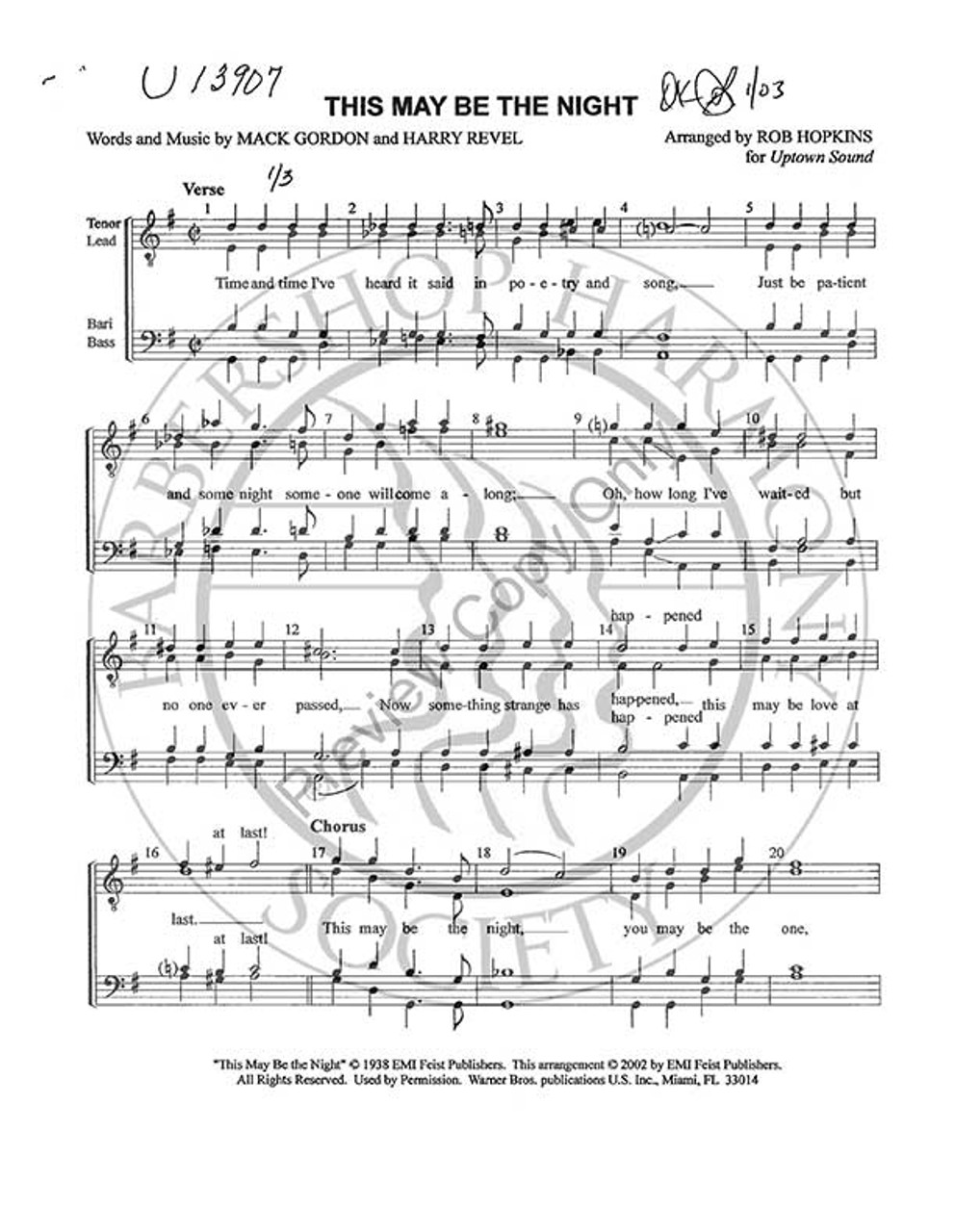 This May Be The Night (TTBB) (arr. Rob Hopkins)-Download-UNPUB