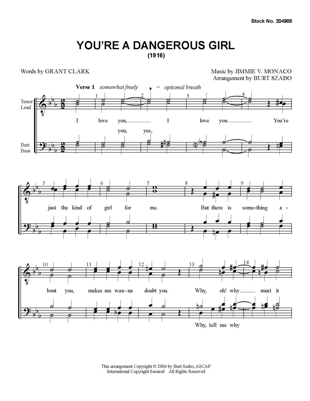 You're A Dangerous Girl (TTBB) (arr. Burt Szabo)-Download-UNPUB