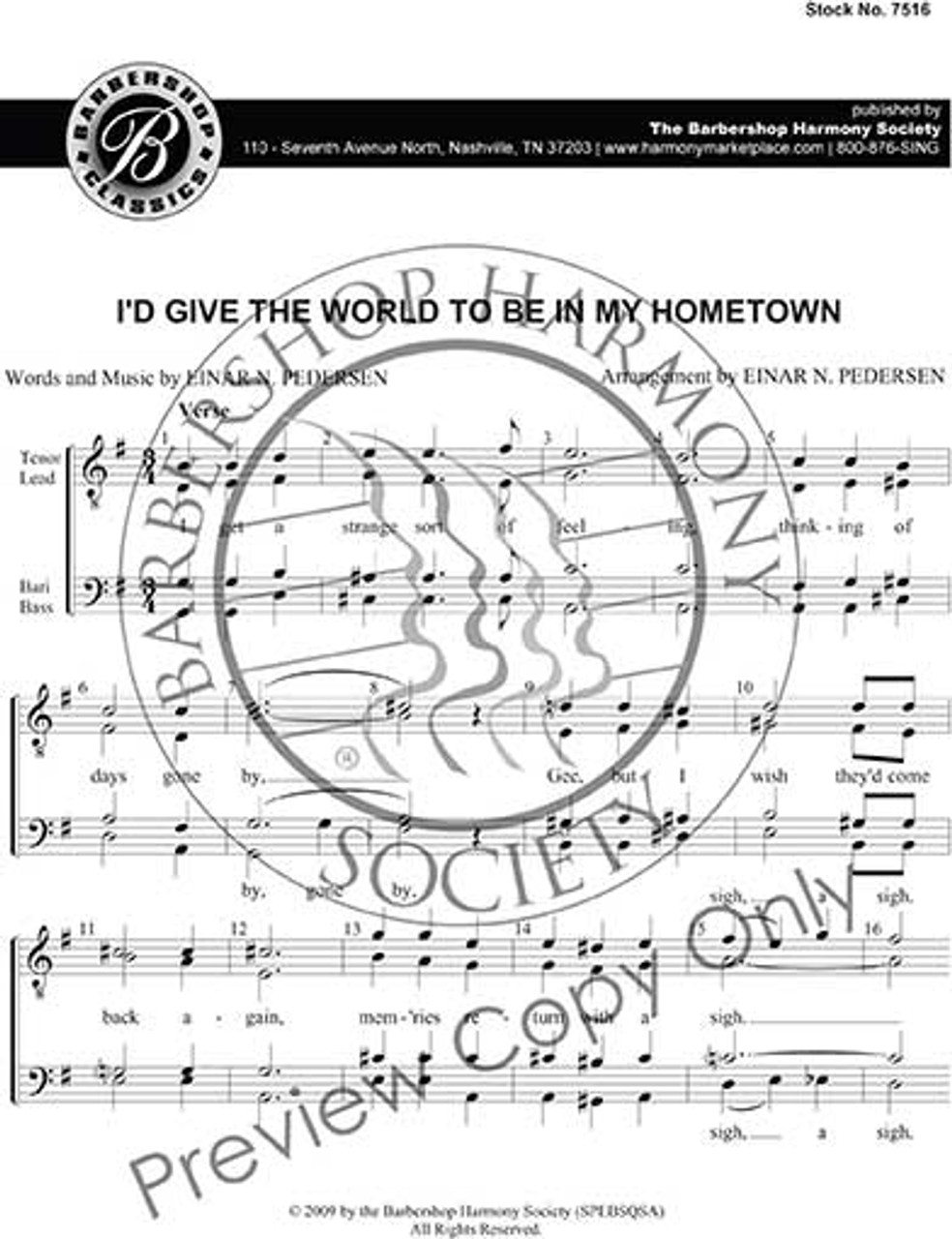 I'd Give The World To Be In My Hometown (TTBB) (arr. Pederson)