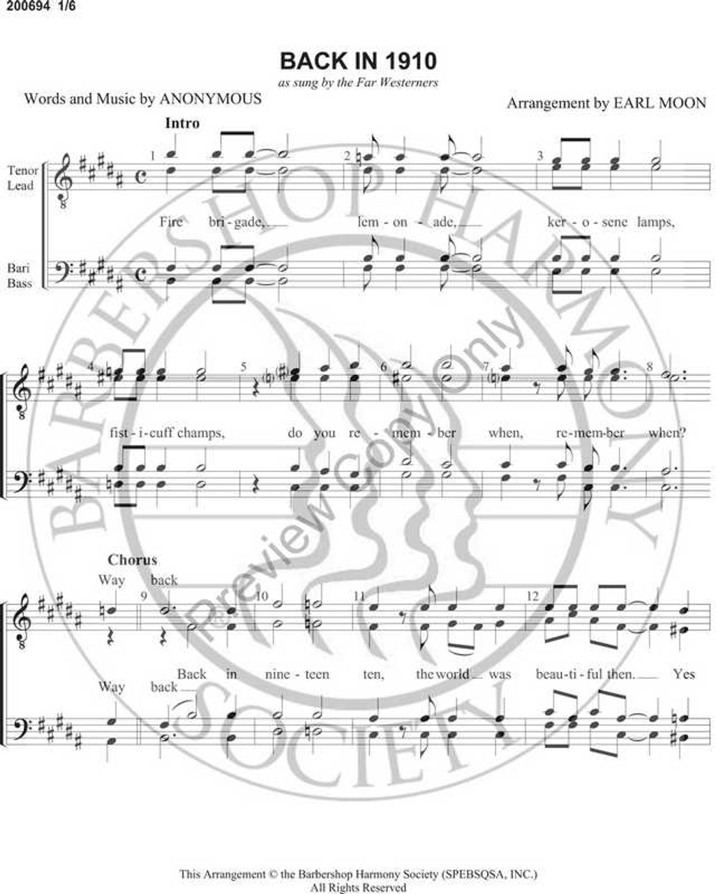 Back In 1910 (TTBB) (arr. Earl Moon)-Download-UNPUB