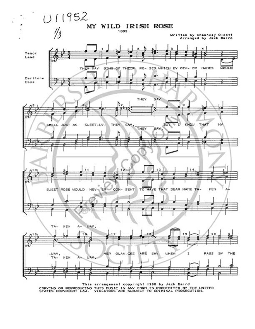 My Wild Irish Rose (TTBB) (arr. Jack Baird)-Download-UNPUB