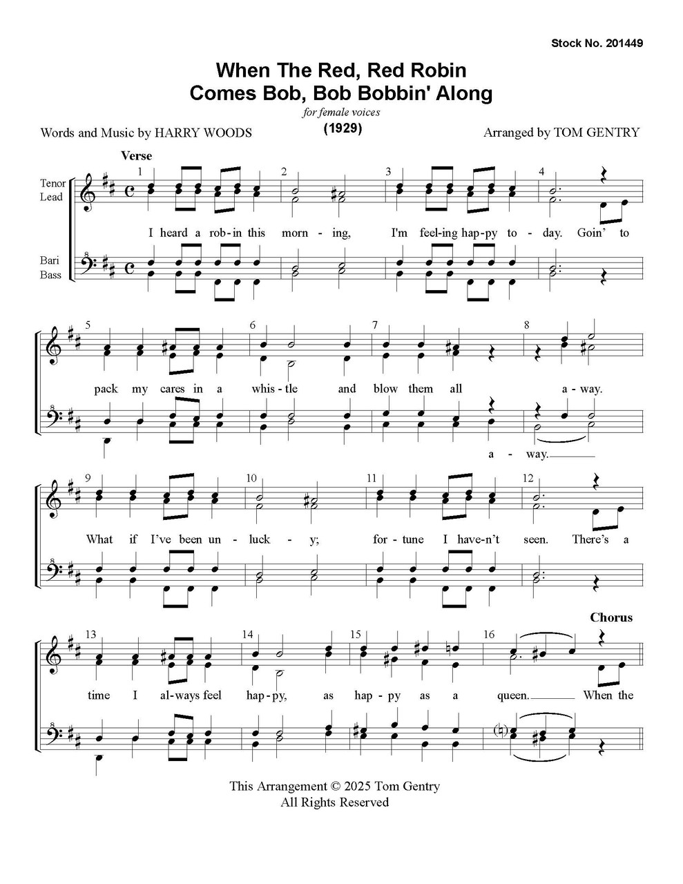 When The Red Red Robin Comes Bob Bob Bobbin' Along (SSAA) (arr. Tom Gentry)-Download
