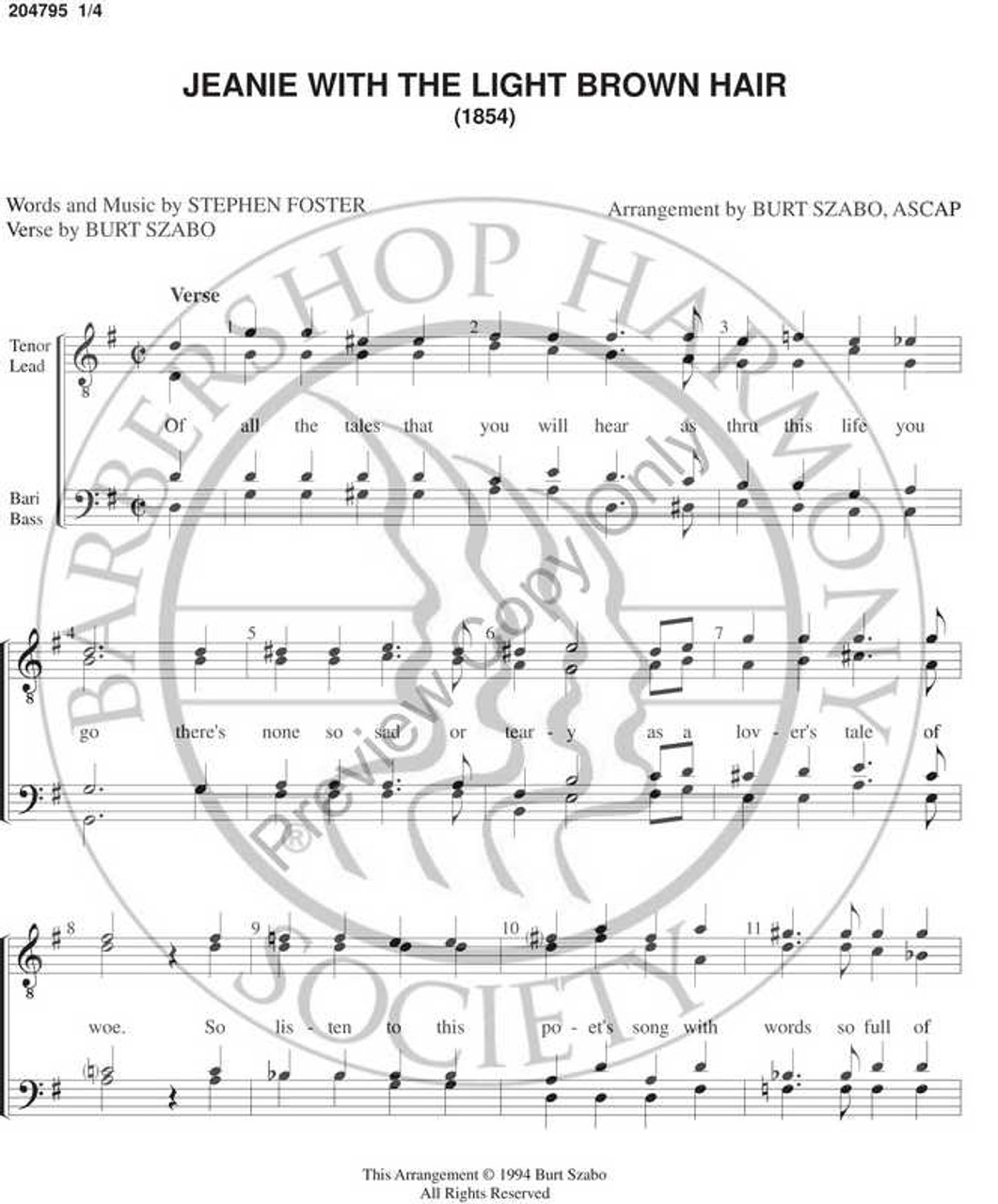 Jeanie With The Light Brown Hair (TTBB) (arr. Burt Szabo)-Download-UNPUB