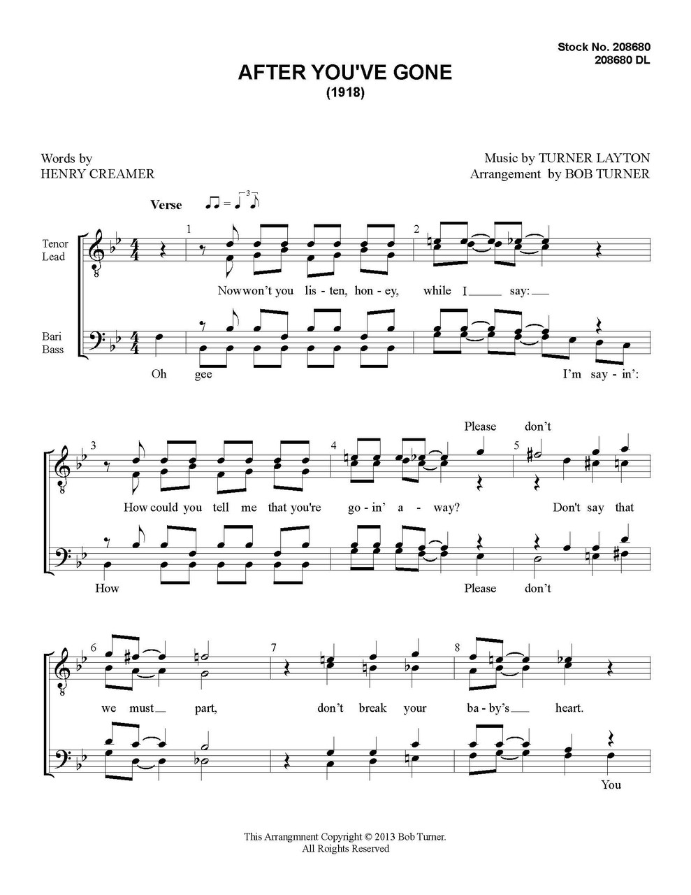 After You've Gone  (TTBB) (arr. Bob Turner)-Download