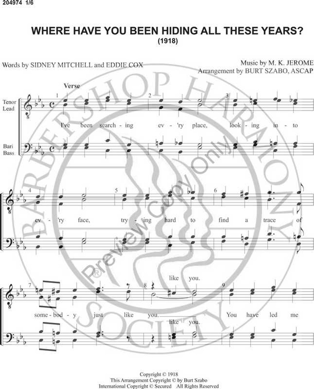 Where Have You Been Hiding All These Years (TTBB) (arr. Burt Szabo)-Download-UNPUB