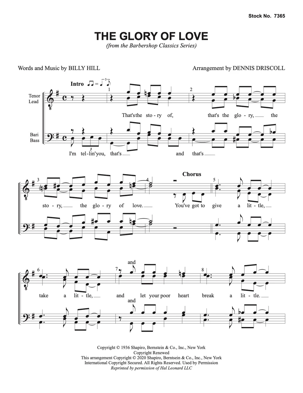 The Glory of Love (TTBB) (arr. Driscoll) - special order