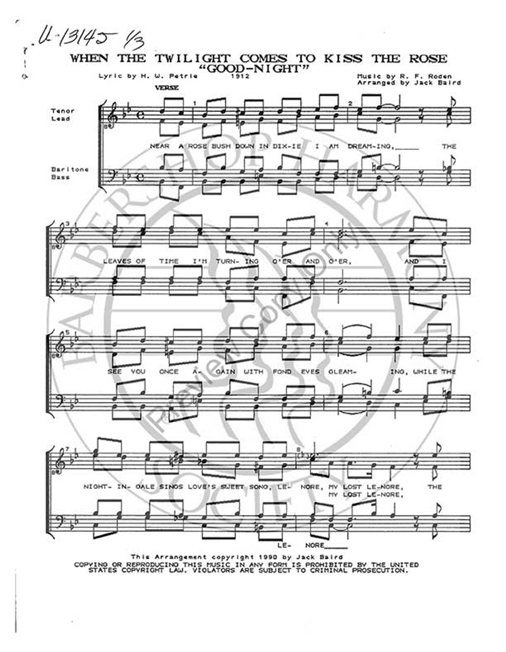 When The Twilight Comes To Kiss The Rose Good Night (TTBB) (arr. Jack Baird)-Download-UNPUB