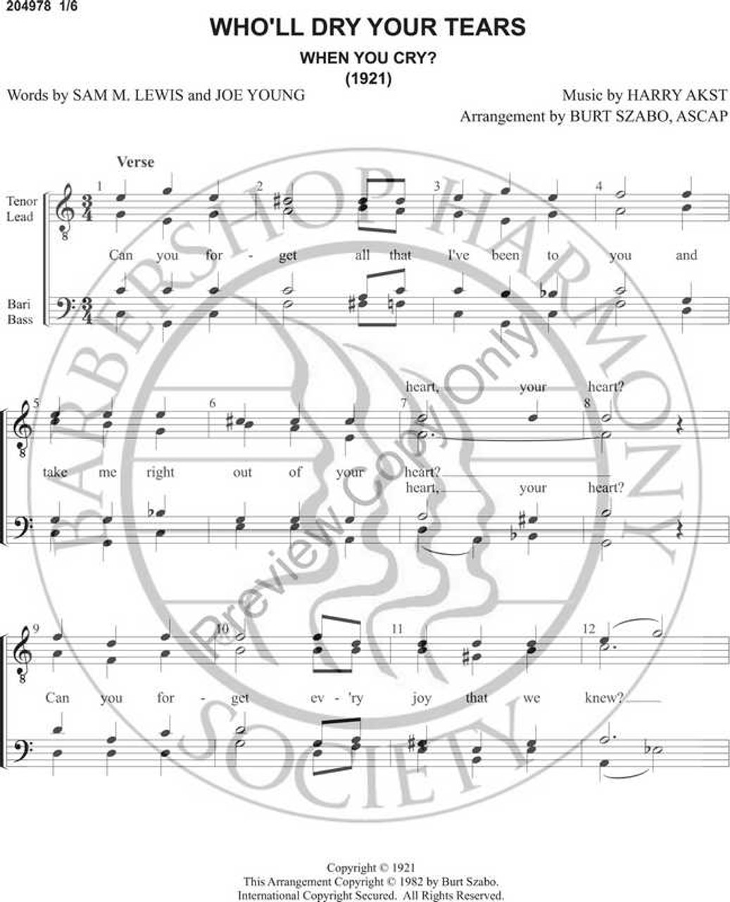 Who'll Dry Your Tears When You Cry (TTBB) (arr. Burt Szabo)-Download-UNPUB