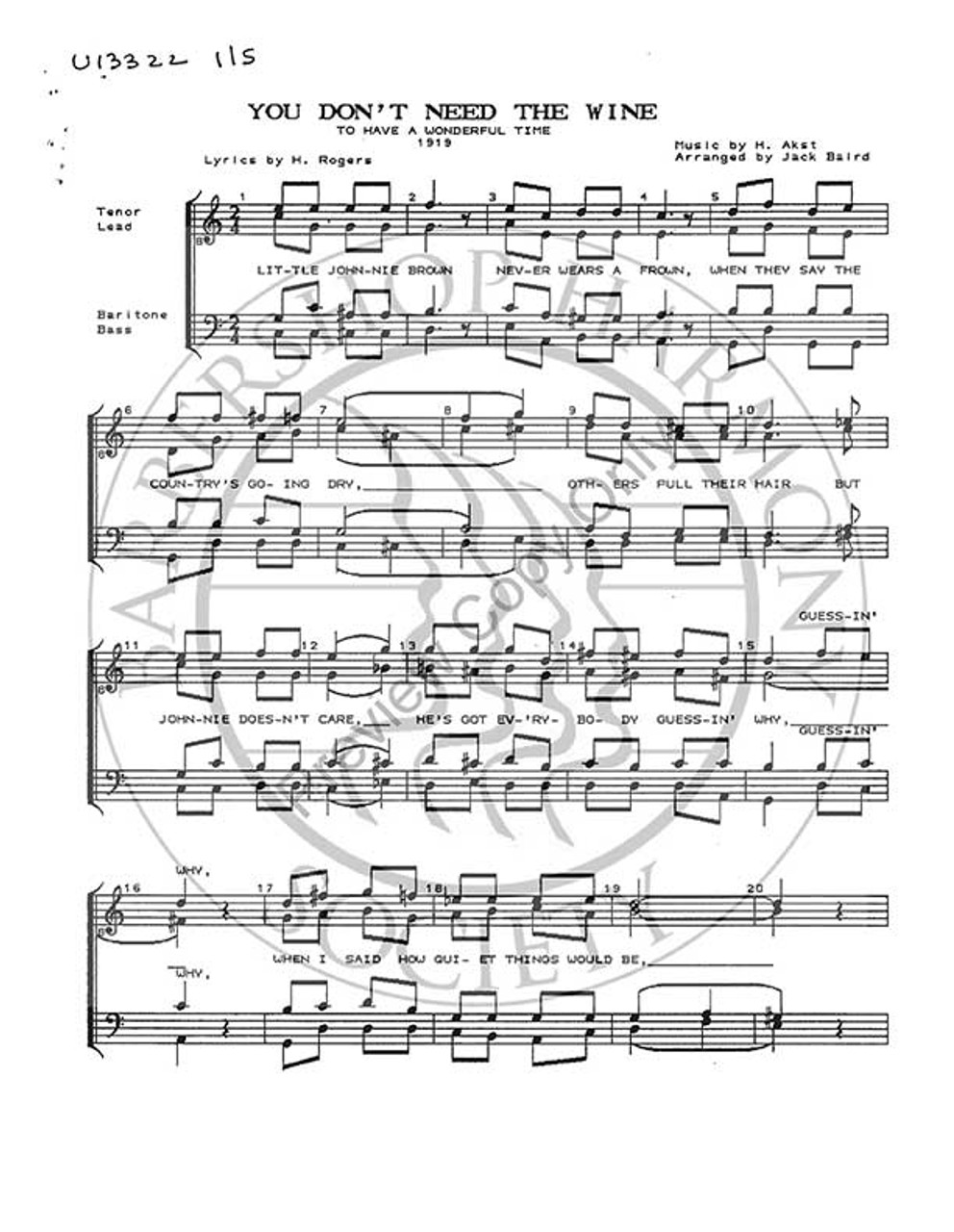 You Don't Need The Wine To Have A Wonderful Time 1 (TTBB) (arr. Jack Baird)-Download-UNPUB