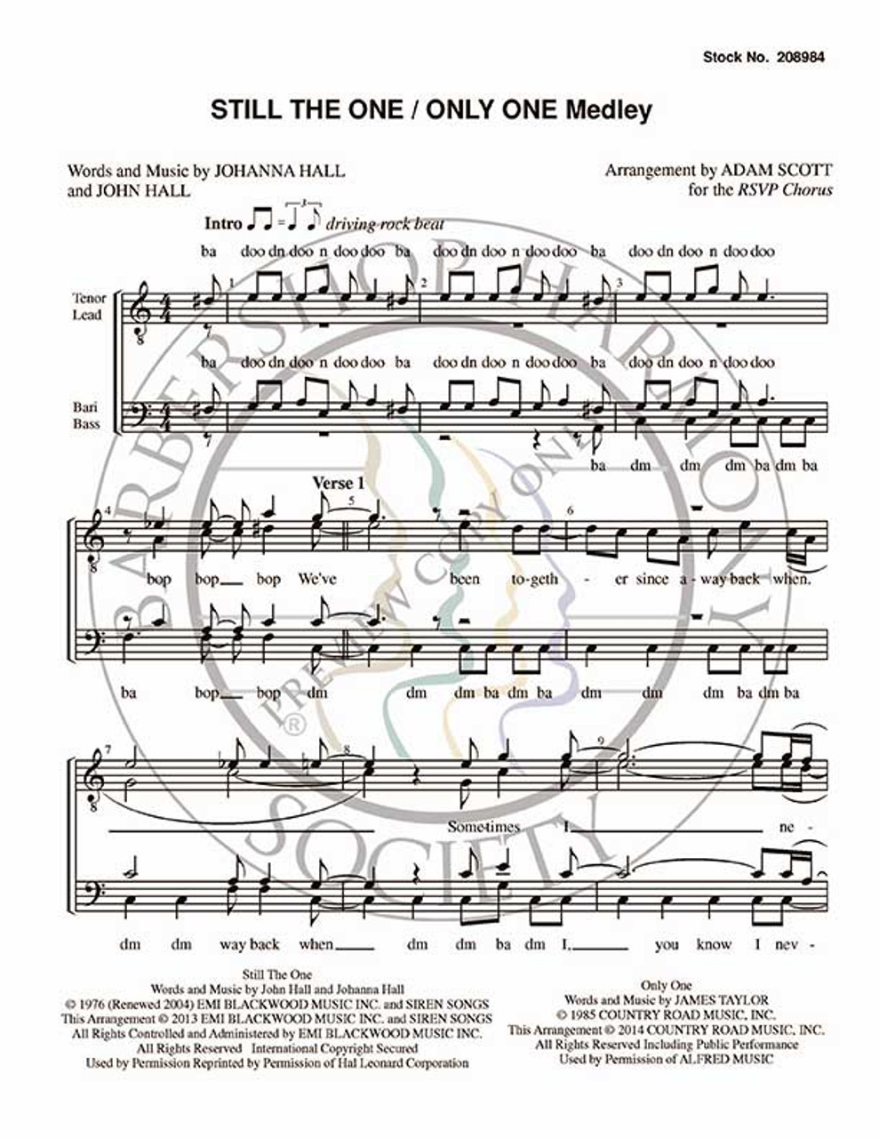 Still The One/Only One (Medley) (TTBB) (arr. Adam Scott)-Download-UNPUB