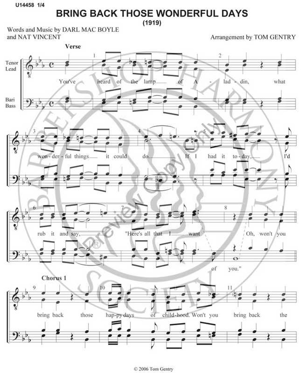 Bring Back Those Wonderful Days (TTBB) (arr. Tom Gentry)-Download-UNPUB