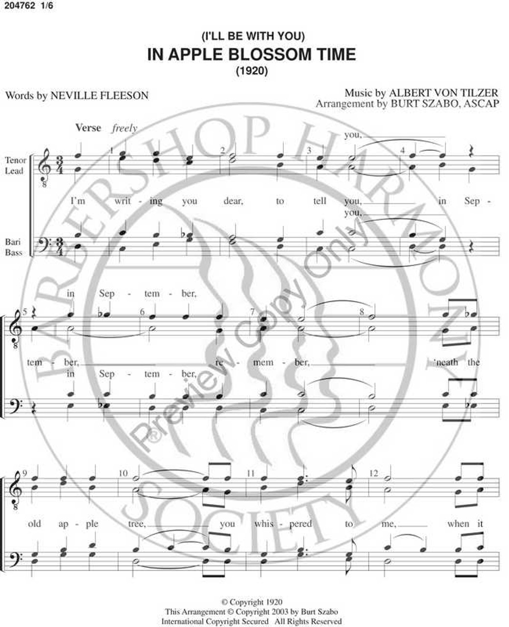 I'll Be With You In Apple Blossom Time 2 (TTBB) (arr. Burt Szabo)-Download-UNPUB