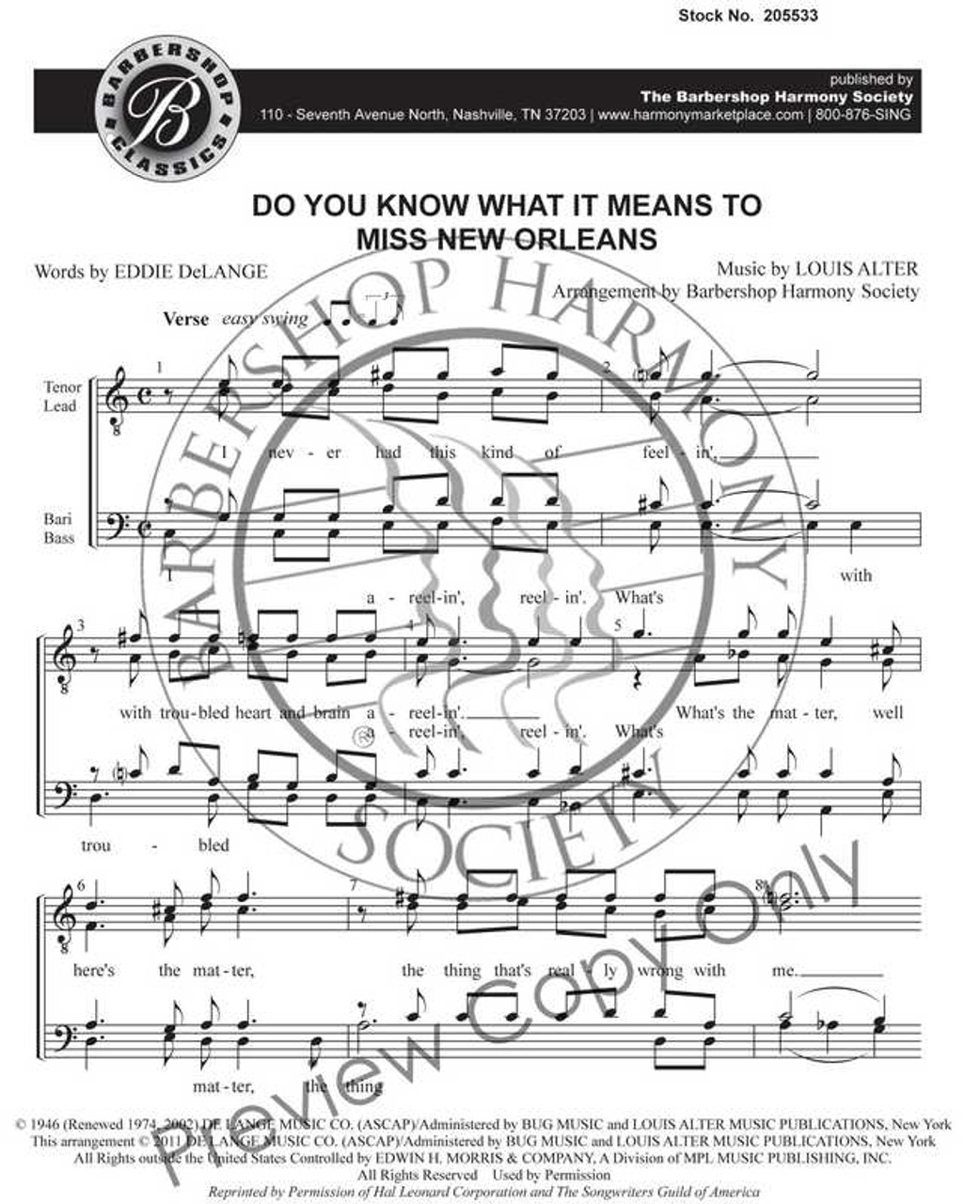 Do You Know What It Means To Miss New Orleans (TTBB) (arr. SPEBSQSA) - Download