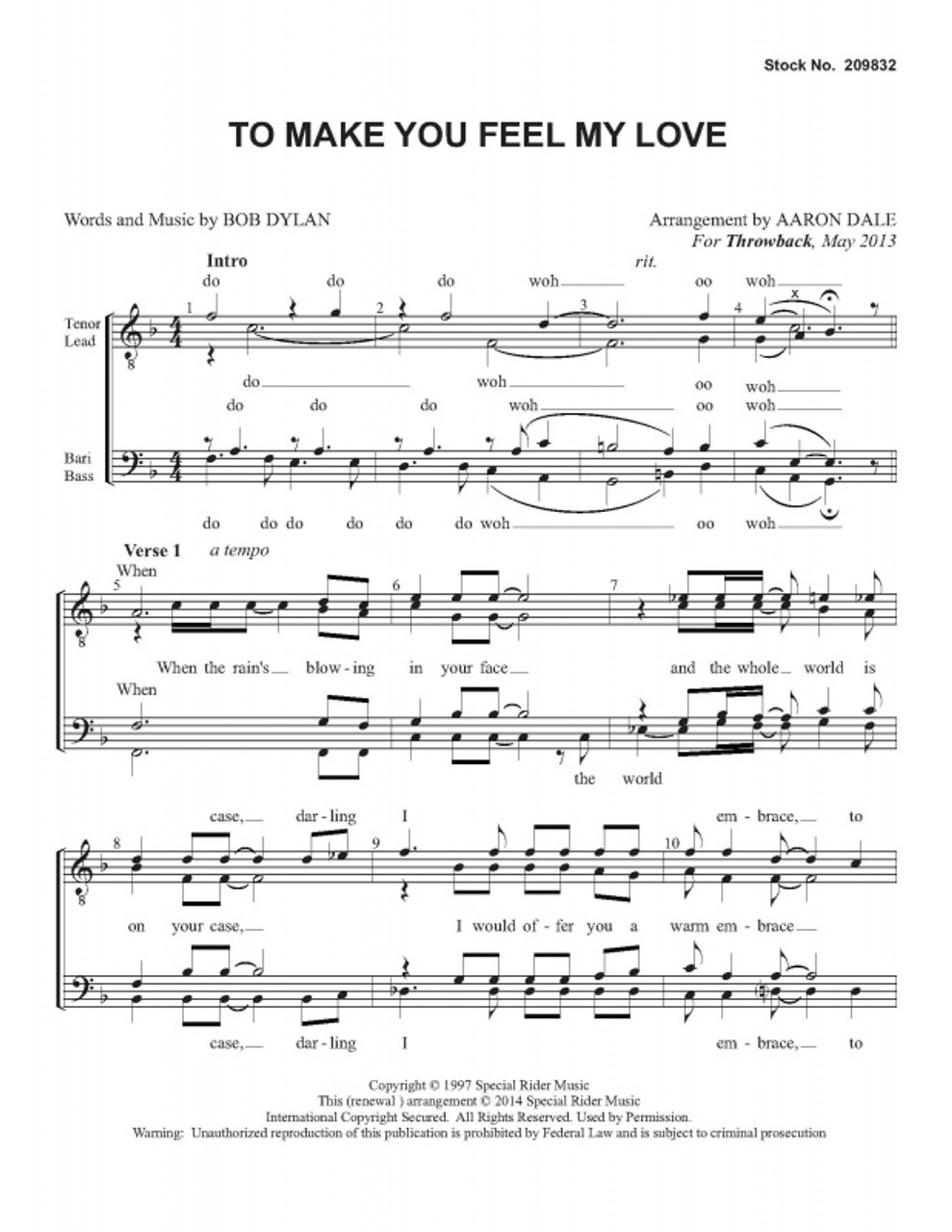 To Make You Feel My Love (TTBB) (arr. Dale) - Download