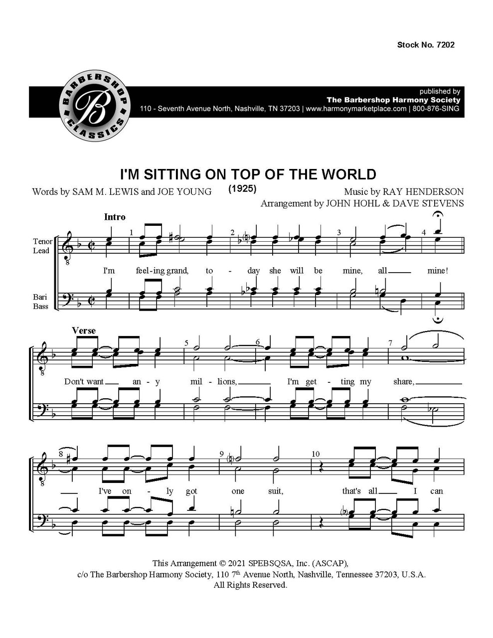 I'm Sitting On Top of the World (TTBB) (arr. Hohl/Stevens) - Download