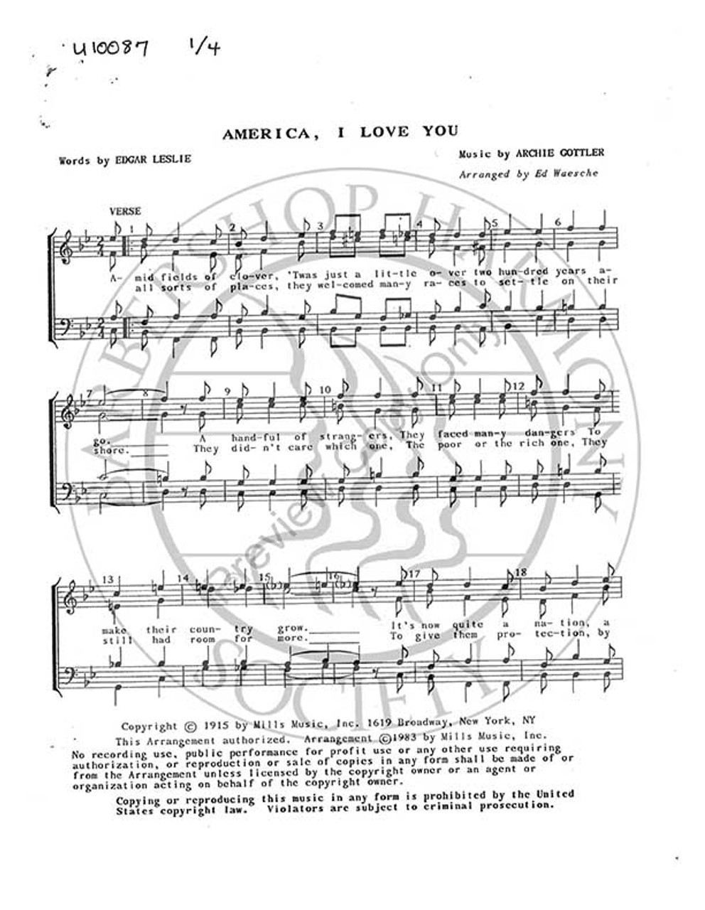 America, I Love You (TTBB) (arr. Ed Waesche)-UNPUB