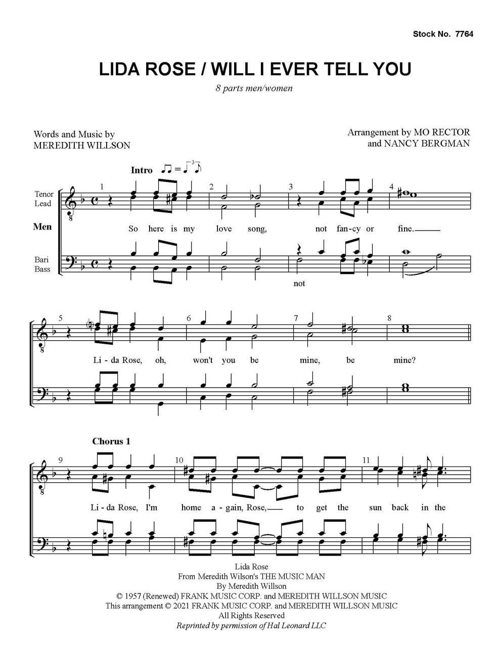Lida Rose / Will I Ever Tell You (from "The Music Man") (8-Part SATB) (arr. Rector & Bergman) - Download