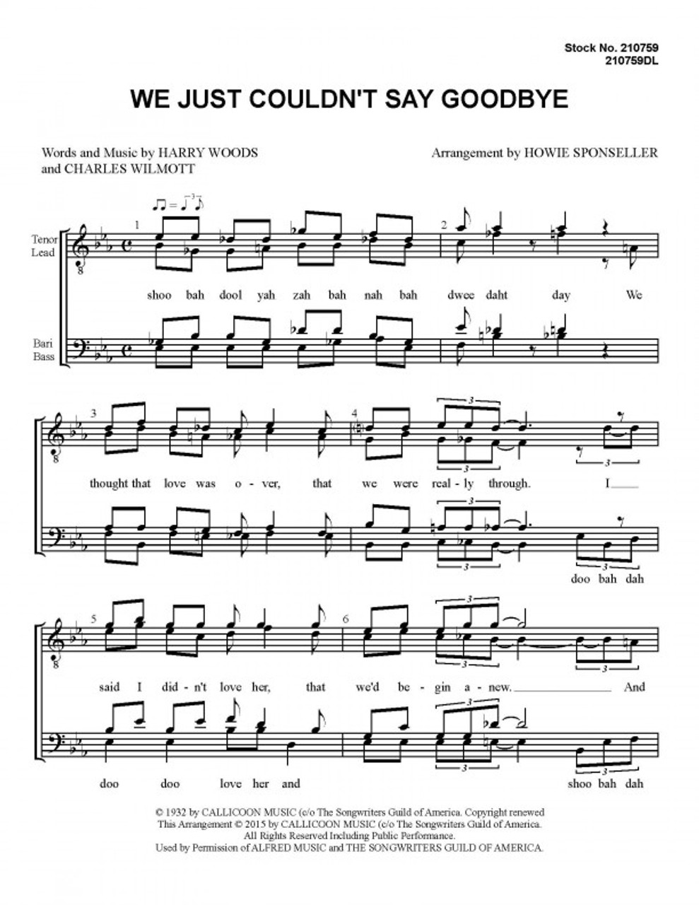 We Just Couldn't Say Goodbye (TTBB) (arr. Howie Sponseller)-UNPUB